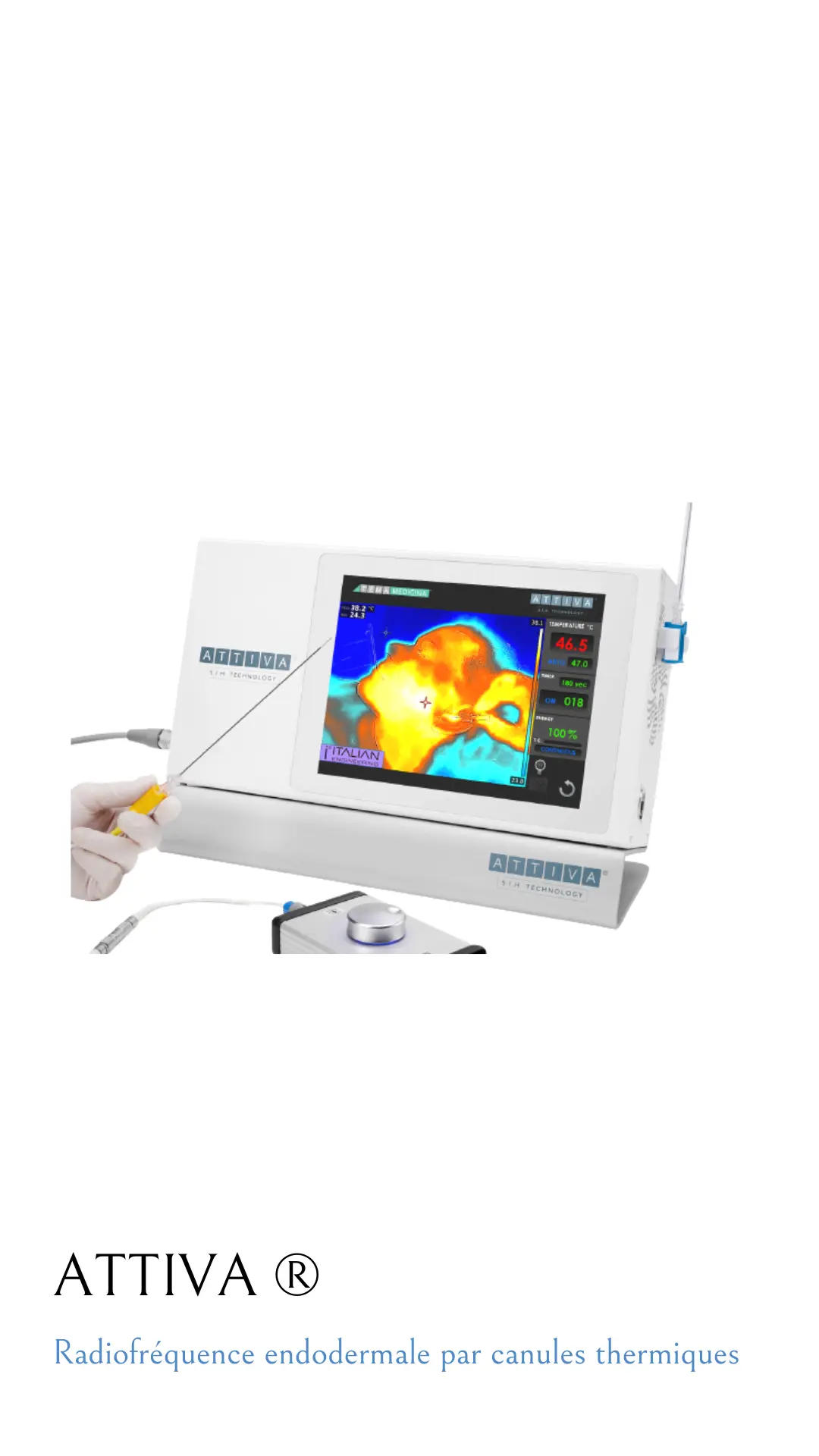 Système Attiva avec un écran intuitif - de chaleur induite sous-cutanée basée sur la modulation de différents types de courant : continu, fractionné et séquentiel